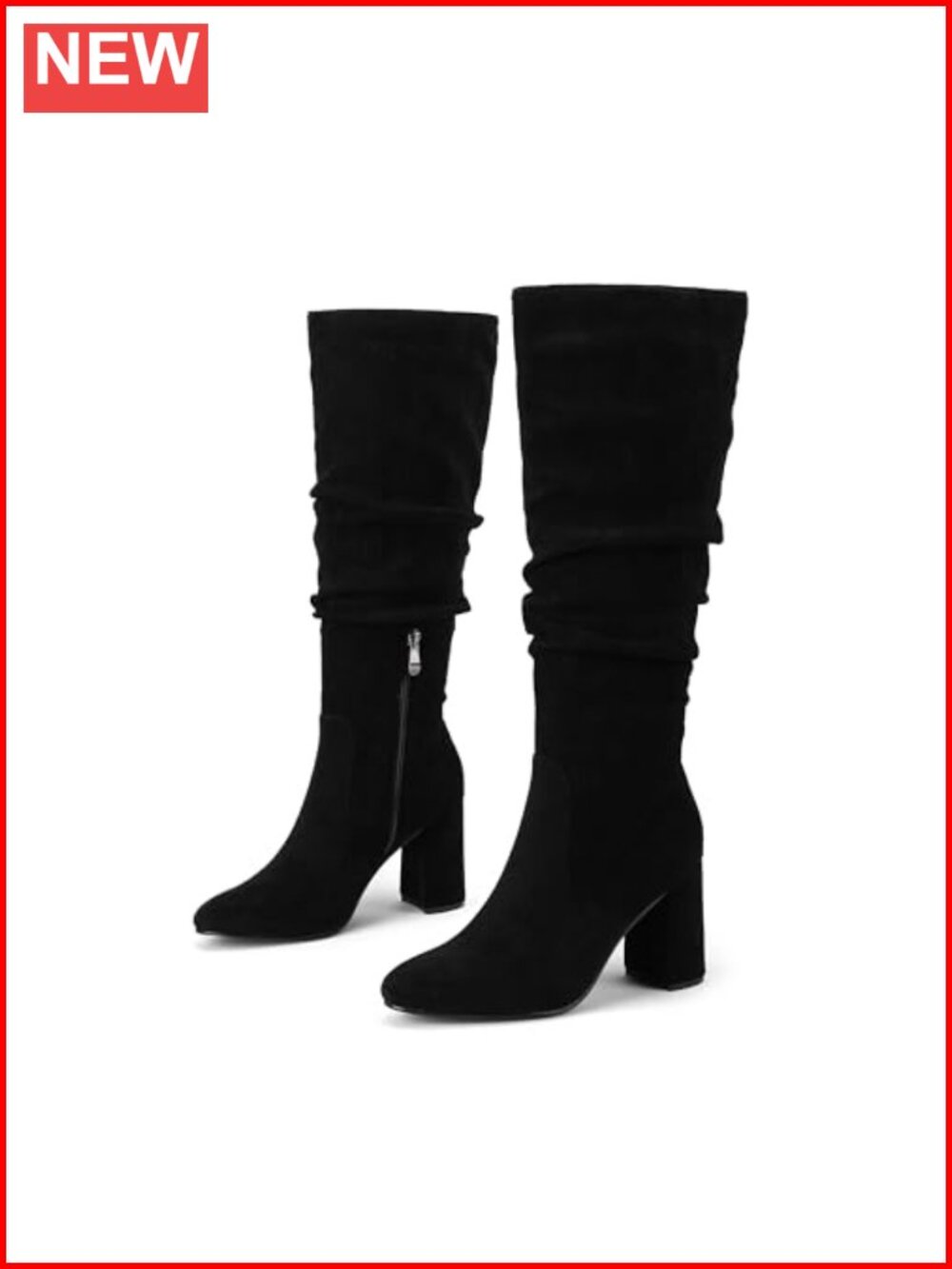 Faux Suede Knee High Boots Pointed Toe Slouchy Block Heel